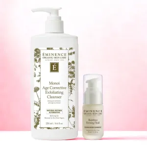 Eminence Organics Glow Boosting Bundle (Bamboo Firming Fluid   Monoi Age Corrective Exfoliating Cleanser)