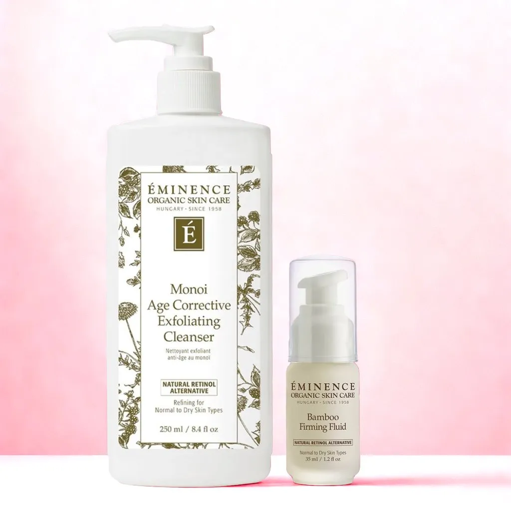 Eminence Organics Glow Boosting Bundle (Bamboo Firming Fluid   Monoi Age Corrective Exfoliating Cleanser)